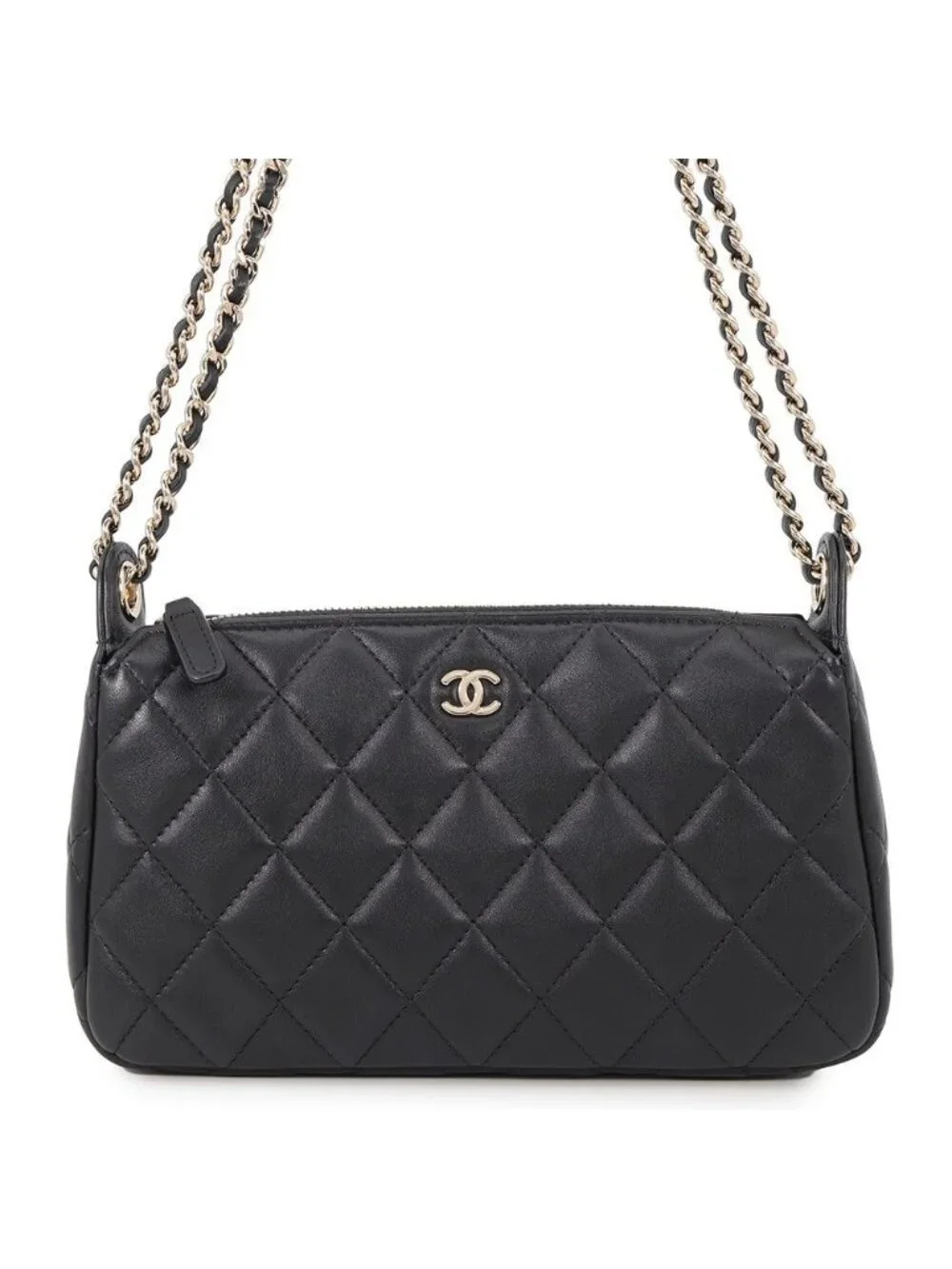 Chanel Chain Shoulder Bag Quilted CC Logo Clutch Caviar Leather 2-Way Black